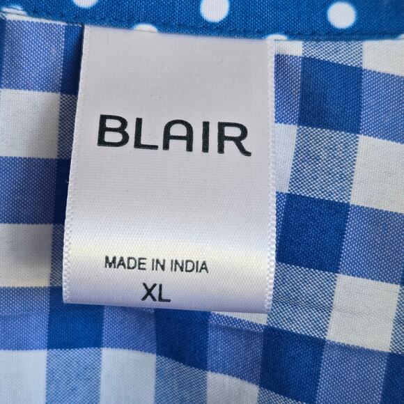 Blair Women's Button Up Blouse Sz 1X  Blue Gingham Check Classic Retro Casual - Picture 3 of 10